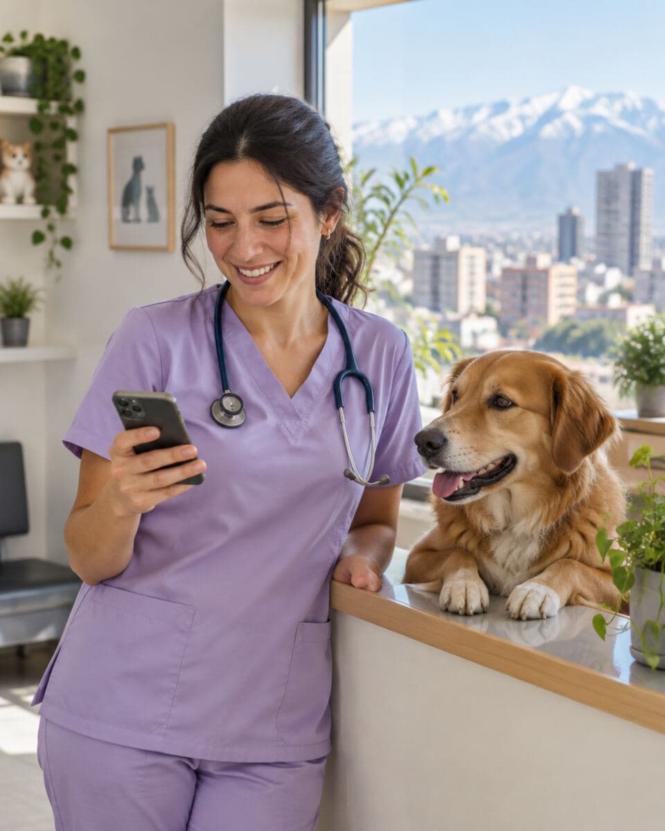 Veterinaria sonríe mirando su celular junto a un perro en la recepción