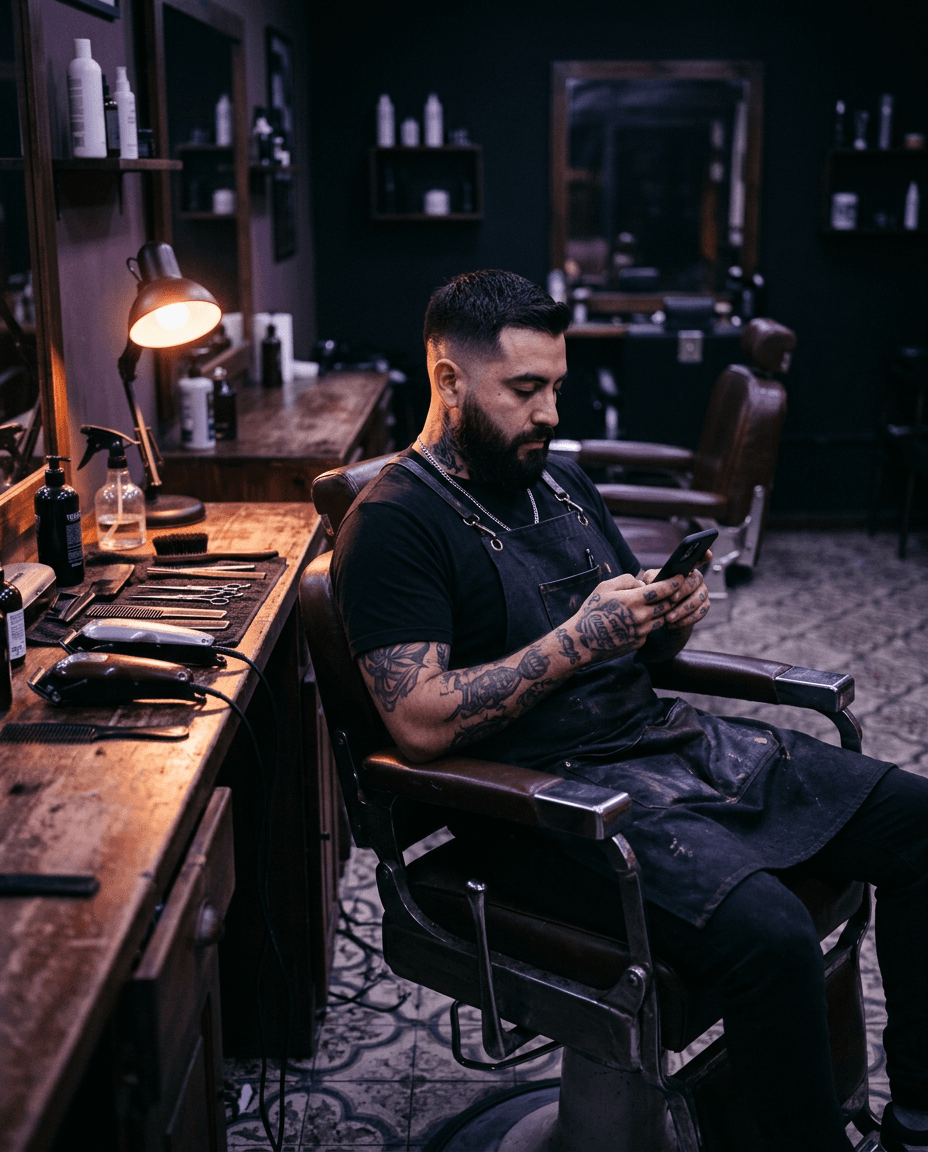 Barbero revisando su celular en la barbería