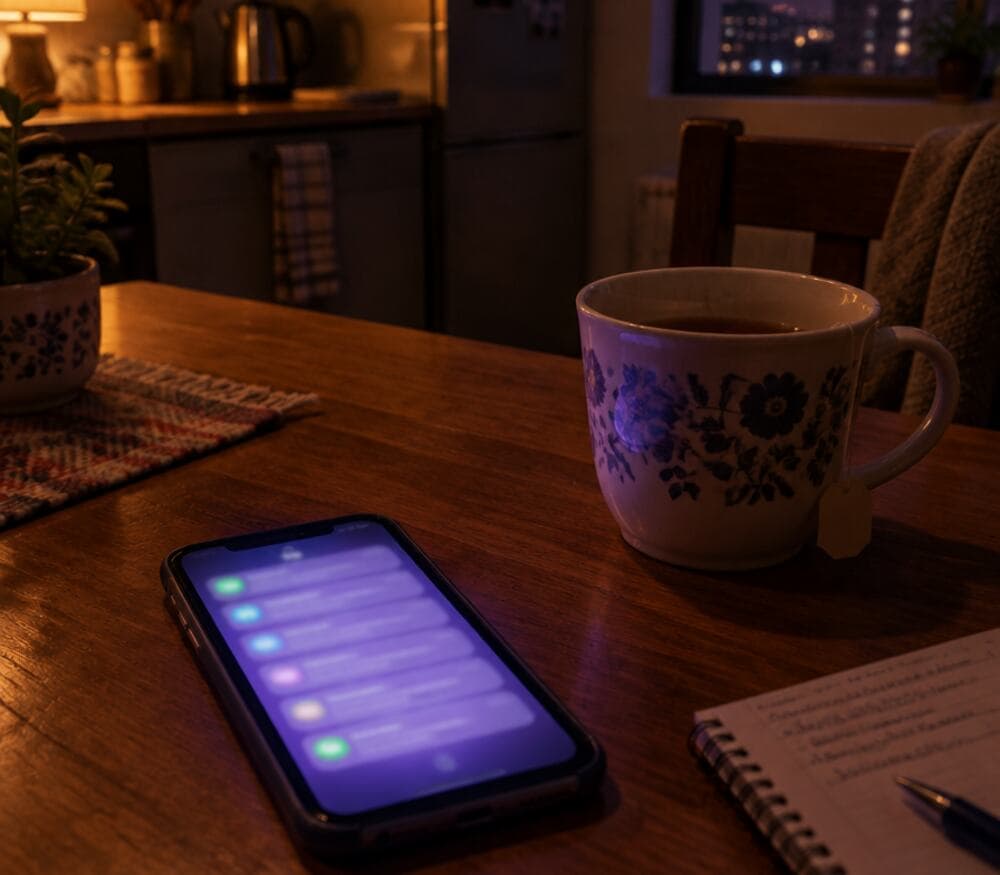 Celular con mensajes sin leer sobre la mesa, de noche