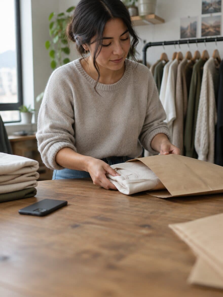 Dueña de una tienda online empacando un pedido